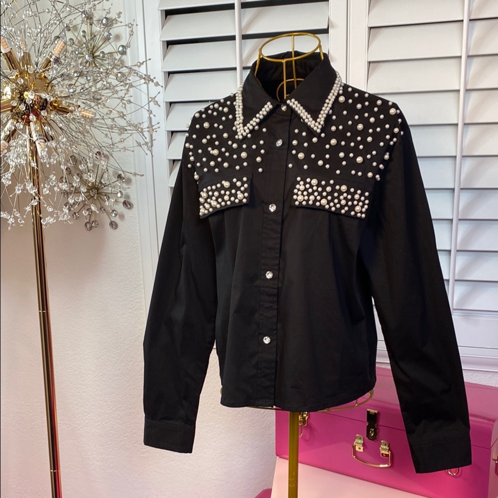 Black Pearl-Embellished Button-Up Shirt